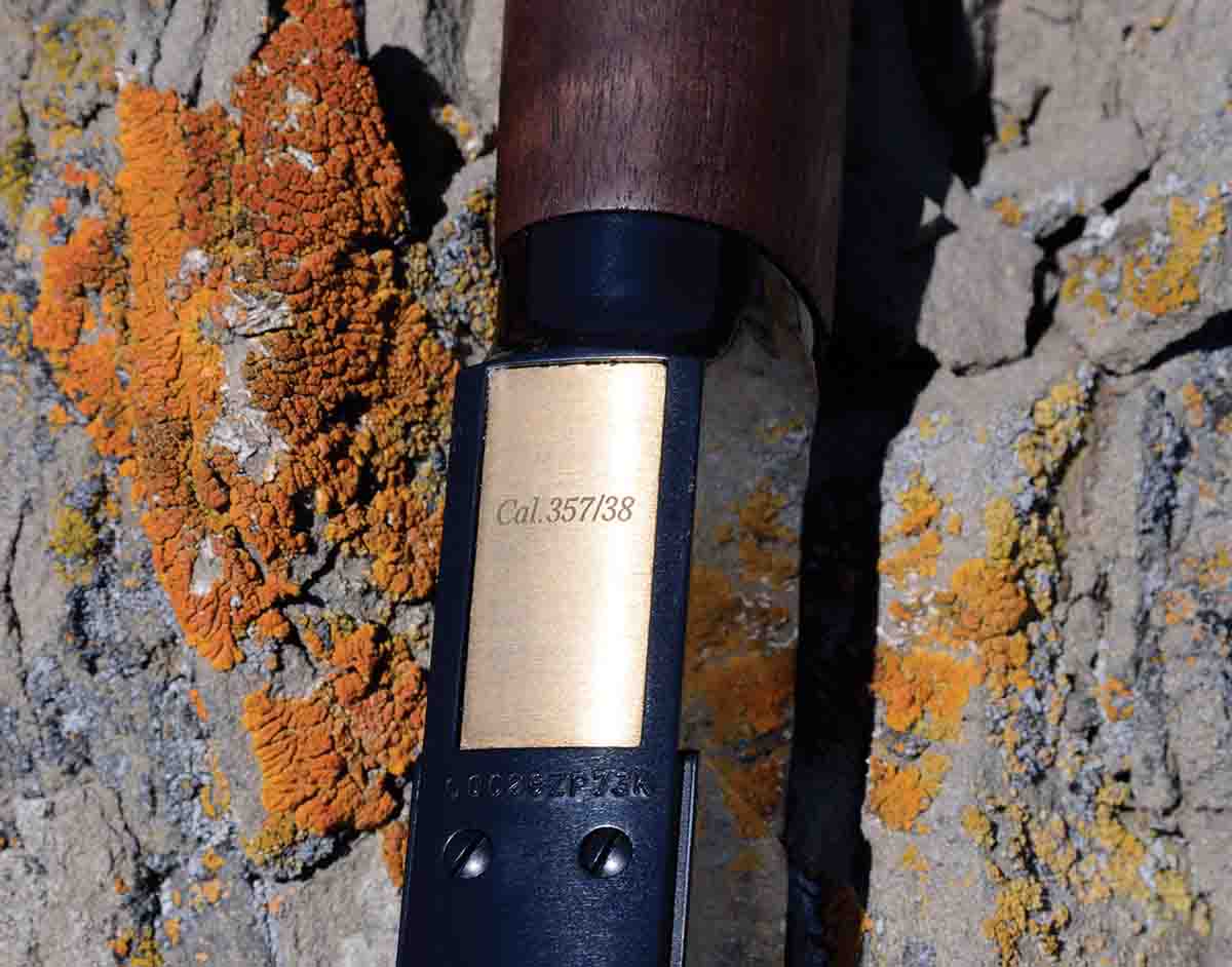 As with vintage Winchester ’73s the brass cartridge lifter is stamped with its chambering.